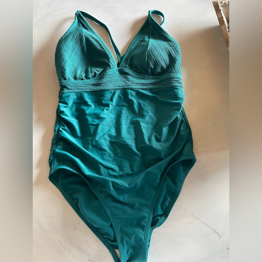 Kona Sol Green One Piece Swimsuit with Halter Top and Ruched Detailing